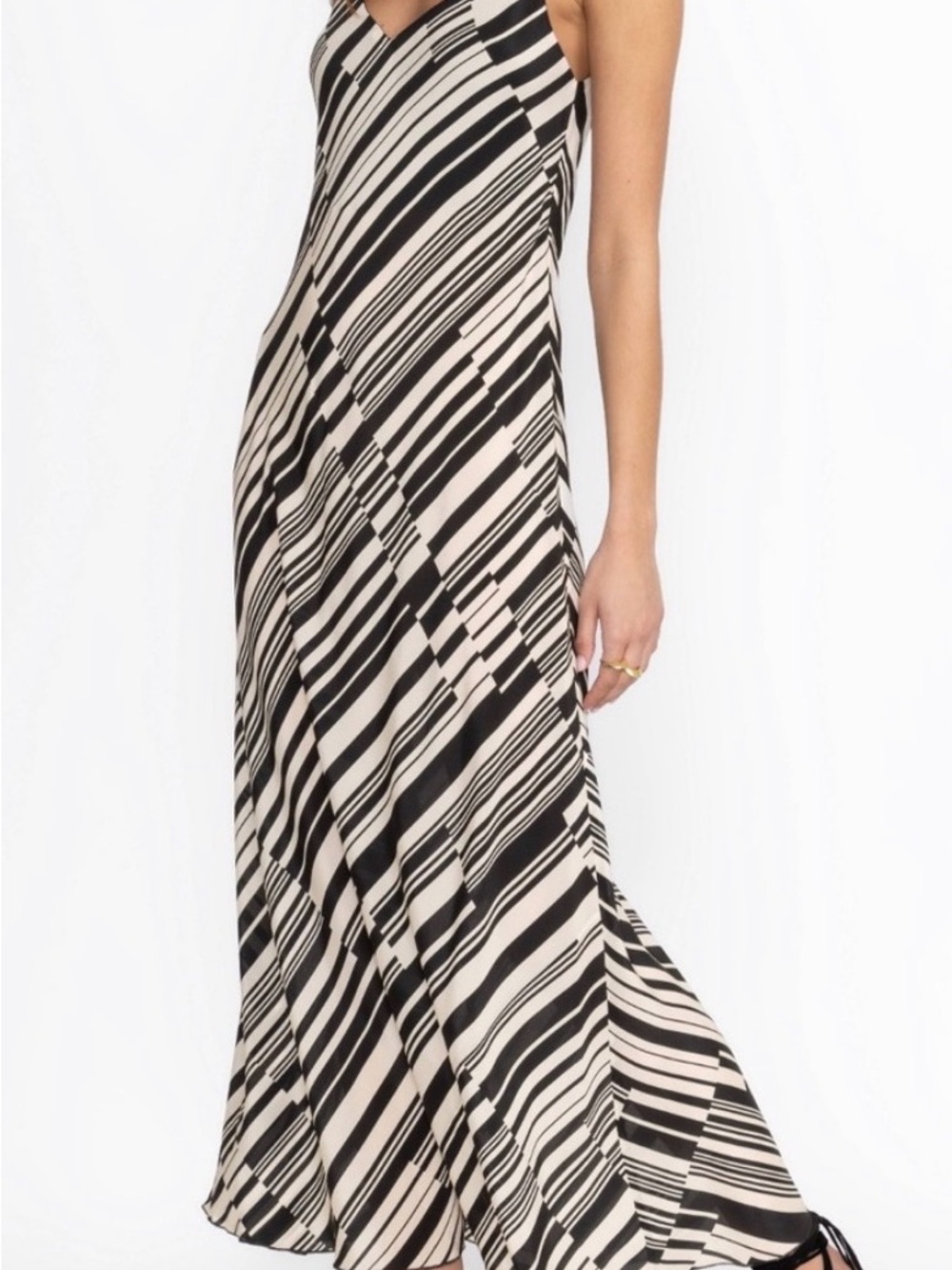 Johnny Was Black and Cream Striped V-Neck Maxi Dress